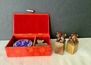 Lot of 3 Vintage Chinese Foo Dog & Bear Hand Carved Stone Stamps Seals Figurines - Picture 1 of 12
