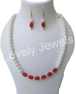 Glass Beads Ethnic Navratri Necklace & Earrings - White & Red Beads Gifts
