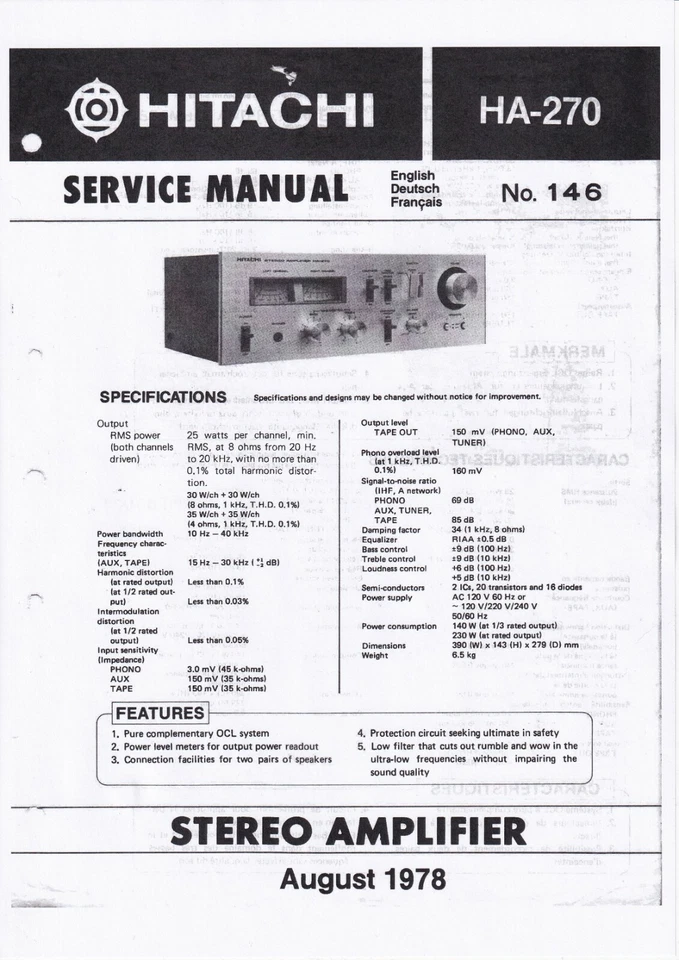 Servizio Manuale di Istruzioni per hitachi HA-270 - Immagine 1 di 1