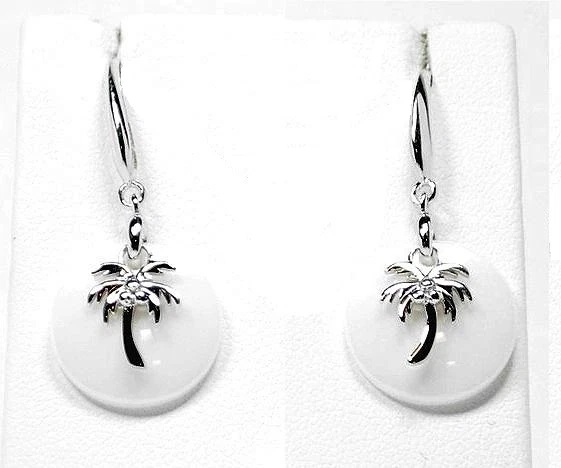 PENDIENTES GANCHO PALMERA HAWAIANA DISCO REDONDO CERÁMICA BLANCA RODIO SOBRE PLATA 925 Foto 1 de 1
