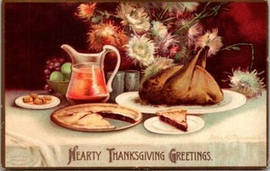 Hearty Thanksgiving Greetings Turkey Dinner With Pie Lightly Embossed c.1909 - Picture 1 of 2