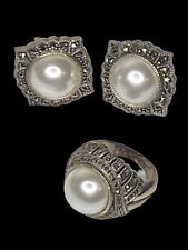 Set of Judith Jack Sterling Silver Marcasite Faux Mabe Pearl Earrings Ring Sz 7