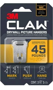3M Claw Drywall Picture Hanger with Temporary Spot Marker, holds 45lbs,3 Hangers - Picture 1 of 10