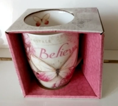 Christian Art Gifts Bible Verse: Believe Ceramic Pink Butterfly Mug New Boxed - Image 1 of 4