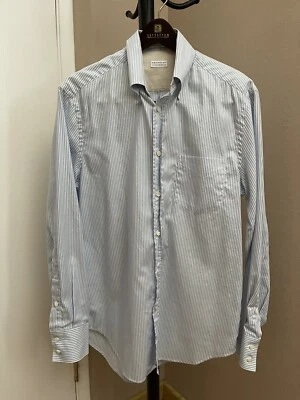 💯$495 Camisa Brunello Cucinelli de algodón a rayas para hombre calce regular mediano Foto 1 de 4