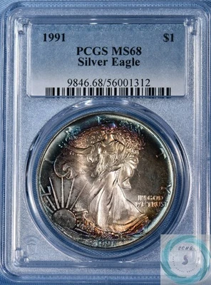 1991 1oz Silver Eagle PCGS MS68 - Eye Appealing Perimeter Tones!!! - Image 1 of 4