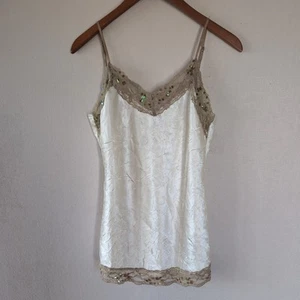 Vintage Y2K Beaded Tank Sz L Cream Silk Embellished Romantic Fairy Ibiza Cami - Picture 1 of 14
