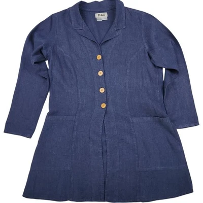FLAX 100% Linen Blazer Shirt Jacket Shacket Blue Size M Oversized Pockets Boho - Image 1 of 4