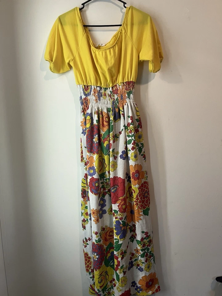 Maxi Vestido Vintage Años 70 Amarillo Floral Manga Globo Cottagecore Boho Talla Pequeña Foto 1 de 4