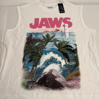 Mens Jaws Graphic Muscle Tank Top XL White Tropical Beach Movie Film - Image 1 of 4