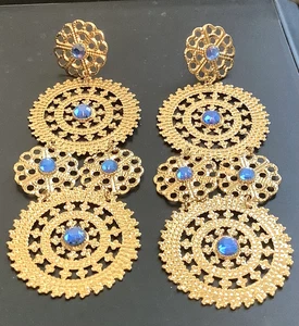 Pendientes araña disco multifiligrana tono dorado Joan Rivers / pedrería azul - Imagen 1 de 13