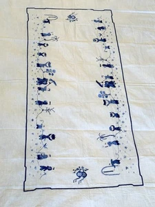 Mantel de lino blanco vintage asiático chinoiserie bordado a mano tonos azules - Imagen 1 de 24