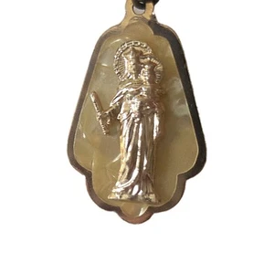 Vintage Virgin Mary & Jesus Pendant Pin Mother Of Pearl Rose Goldtone Italy - Picture 1 of 7