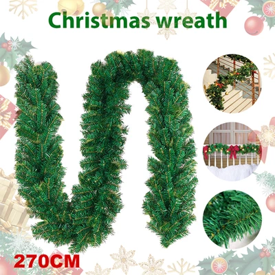 9ft Bushy Green Christmas Garland Pine Wreath For Home Stairs Xmas Outdoor Decor