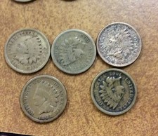 {Bjstamps} 5 different Copper-Nickel Indian Cents 1859, 60, 62, 63, & 64 lot3