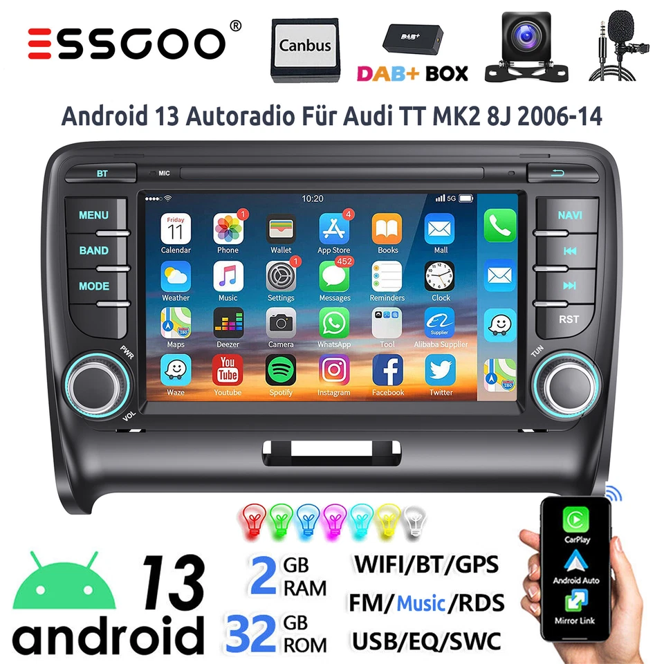 Autoradio DAB+ Carplay Android 13 GPS NAVI RDS Kamera Für Audi TT MK2 8J 2006-14 - Bild 1 von 4