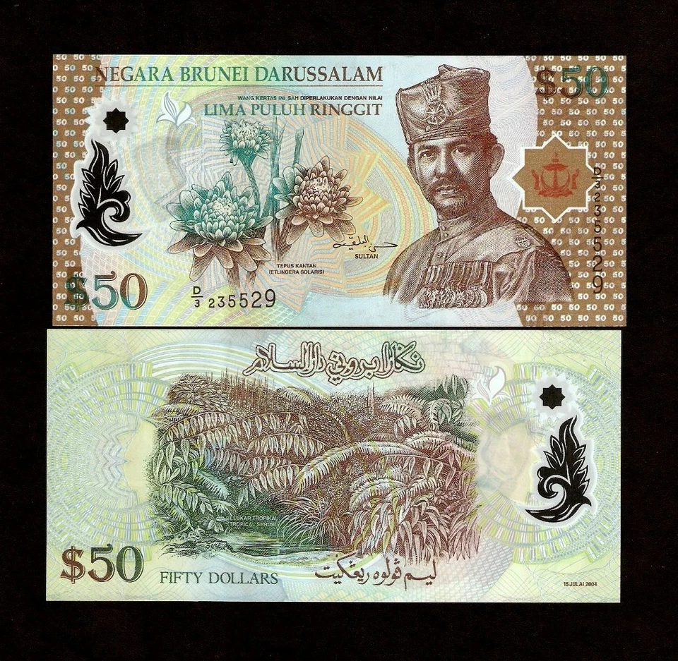 BRUNEI 50 DOLLARS P-28 2004 POLYMER COMMEMORATIVE UNC MEDICINE PLANT MONEY NOTE - Image 1 of 1