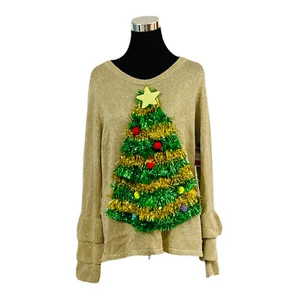 Ugly Christmas Party Sweater XL (16-18) 3D Christmas Tree Gold Women New - Picture 1 of 9