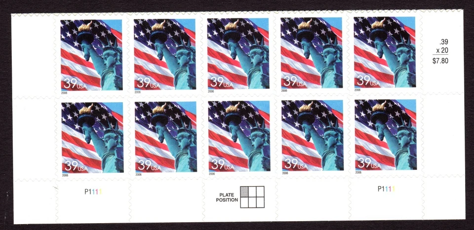 Scott #3978 Statue of Liberty & Flag Plate Block of 10 Stamps - MNH Bottom - Image 1 of 1