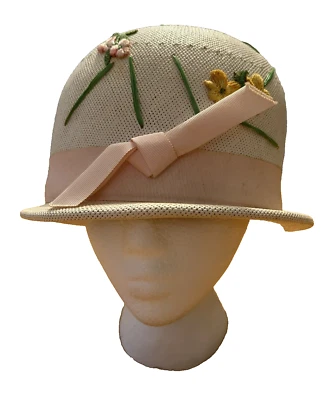 Women’s Vintage Mesh Hat Mushroom Bucket Large Floral Embroider Bow Brim Flaw - Image 1 of 4