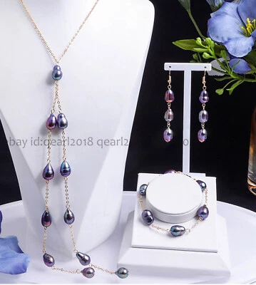 Conjunto de aretes colgantes de cadena de perlas negras naturales de agua dulce Foto 1 de 4