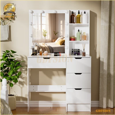 Tocador de Maquillaje con Espejo LED y Estante 4 Cajones y Tocador Cortado Tirador Foto 1 de 4