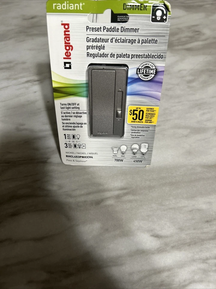 Legrand Radiant Preset Paddle Dimmer RHCL453PNICCV4 Nickel YB Nine