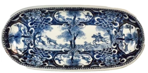 Japanese Arita Ware Deer Hunter Dish Oval Plate Porcelain Blue Hand Paint 1897 - Picture 1 of 8