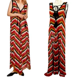 Zara Maxi Dress Knitted Chevron Zig Zag Stripe Flowy Bohemian Festival Linen S - Picture 1 of 18