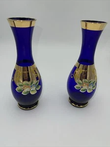 2-D3 Cobalt Blue Gold Gilt HAND PAINT GLASS VASE Enamel BOHEMIAN FLORAL  JAPAN - Picture 1 of 4