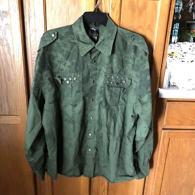 Raw Blue Premium Shirt Size 2XL Green Snap Front Military Studs Embellished EXC - Image 1 of 4
