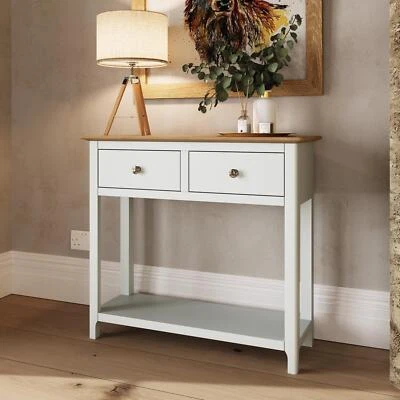 FWSTYLE 2 Drawer Large Console Table Linen White Finish Oak Top