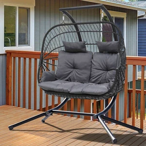 Double Hanging Egg Swing Chair Patio Seats Couple Wicker Rattan Chair w/Cushions - Picture 1 of 5