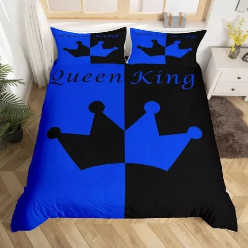 Juego de cama con funda nórdica edredón azul negro Queen & King Crown funda de almohada Queen Foto 1 de 4