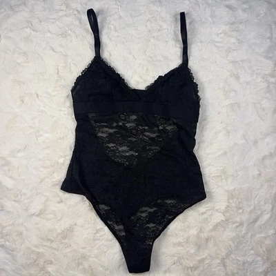 VS PINK Lace Triangle Unlined Sheer Bodysuit Black Women’s Size L One Piece NWT - Image 1 of 4