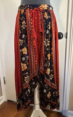 Band Of Gypsies Rust Navy Floral Boho Hi-Low Skirt Size S Peasant  Fairy Core - image 1 of 4