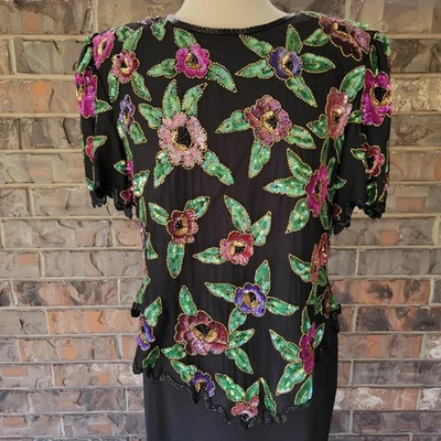 Винтажная женская блузка Lawrence Kazar 2XL черная шелковая с бисером блестками цветочный топ 90-х - Изображение 1 из 4