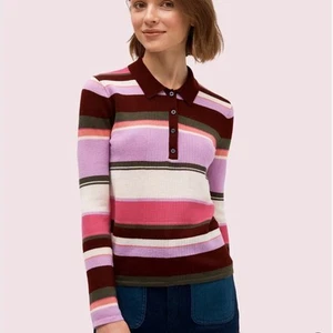 Suéter Polo Kate Spade Rayas Finas 100% Lana Merino Tejido Apretado Preppy Ligero Usado en Excelente Condición - Imagen 1 de 10