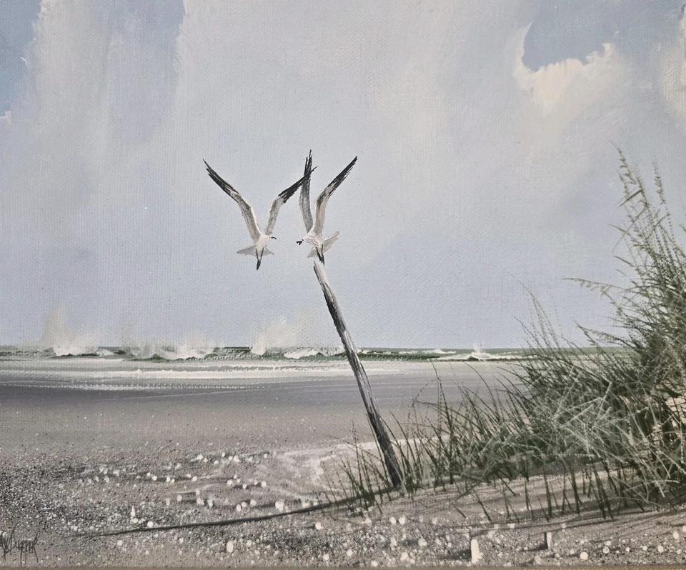 Pintura original assinada por Rex Duggar óleo sobre tela paisagem marítima 17x14" emoldurada fosca - Imagem 1 de 4