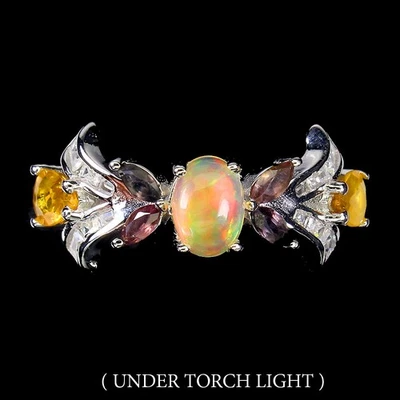 925 Sterling Silver Ring Fire Opal 7x5mm Sapphire Gemstone Jewelry Size 6.5 - Image 1 of 4