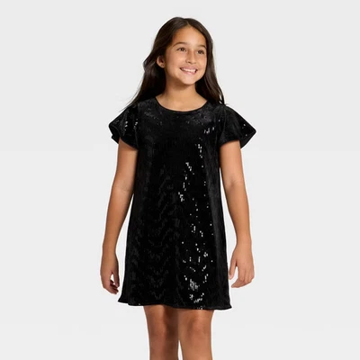 Girls' Short Sleeve Sequin Velvet Dress - Cat & Jack Black XL - Image 1 of 4