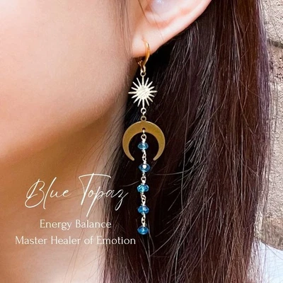 Moon and Star Blue Topaz Gemstone Long Drop Earrings, Master Healer of Emotion Foto 1 de 4