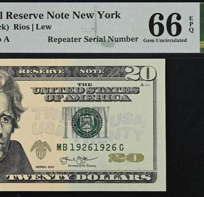 2013 $20 Federal Reserve Note PMG 66EPQ - Fancy Repeater Serial Number 19261926 - Image 1 of 3
