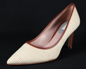 MAX MARA Beige Raffia & Mahogany Leather Trim Pointed Toe Heels Pumps 39 - Picture 1 of 12