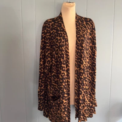 Leopard Print Open Front Cardigan Sweater Brown Animal Pattern Cozy 2X - Image 1 of 4