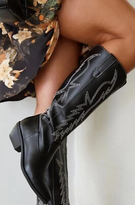 Nuevo Para Mujer Bordado Vaquero Vaquera Western Bota Hasta la Rodilla Tacón Bloque Pull-On Foto 1 de 4