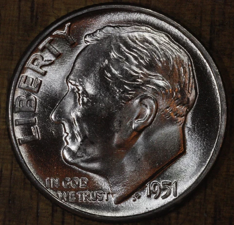 1951 P Roosevelt Dime CH BU LUSTER! 90% Silver US Coin  OBW Roll Cover