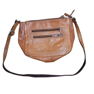 JACK GEORGES Leather Voyager Double Zippered Crossbody Bag BROWN - Picture 1 of 8