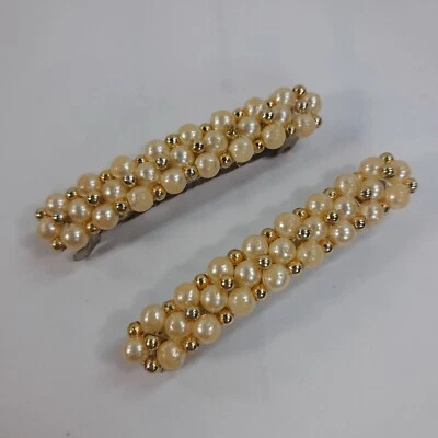 Faux Ivory Pearls Gold beaded hair Barrette set 2 bridal prom formal wedding - Image 1 of 4