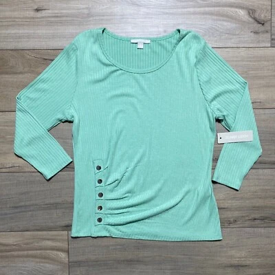 Sunny Leigh Womens 3/4 Sleeve Ribbed Top With Decorative Buttons Size XL Green - Image 1 of 4